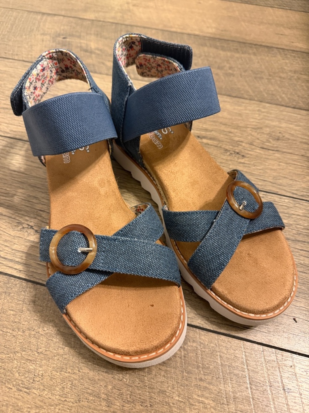 Bobs from Sketchers Memory Foam Denim Blue Crisscross Buckle Sandals